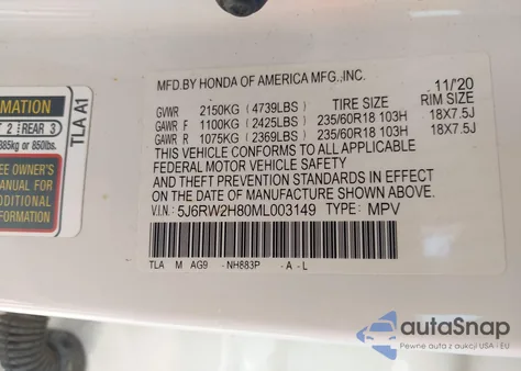 2021 Honda Cr-V Awd Ex-L из США, поврежденный, VIN 5J6RW2H80ML003149